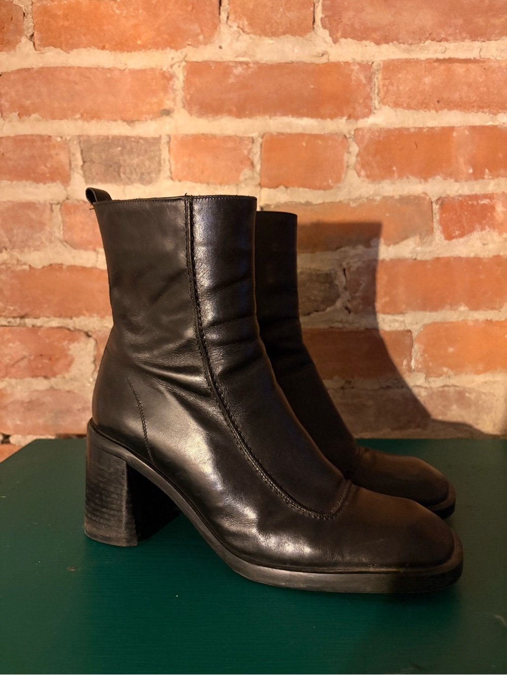 Women's Black Leather Mid-Calf Block Heel Booties